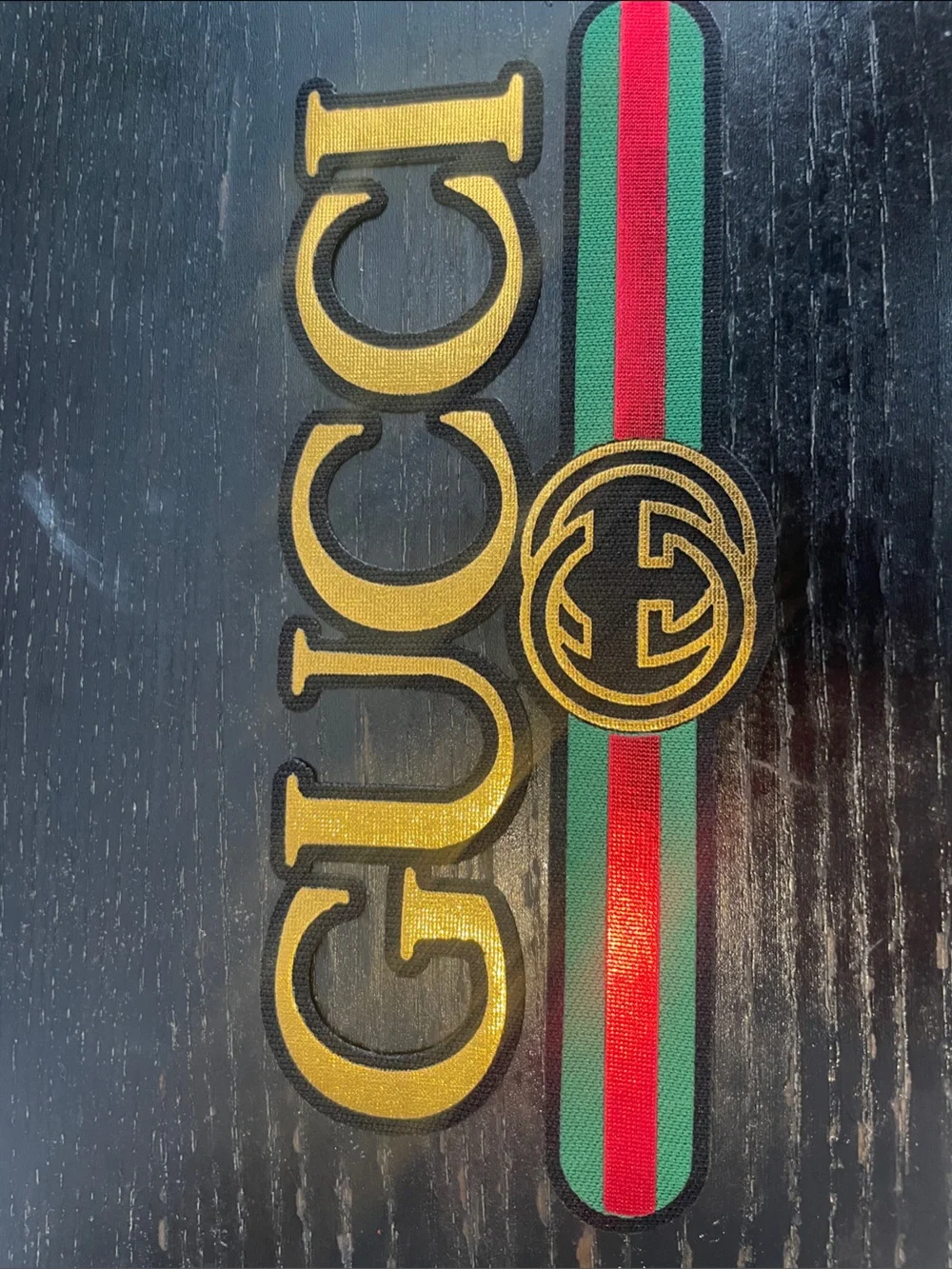Gucci Green and Red Web Stripe Patch with Gold Logo Letters